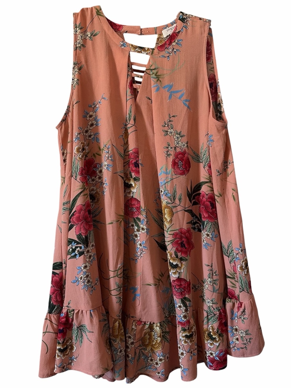 Umgee Coral Floral Sleeveless Mini Dress with Ladder Neck
